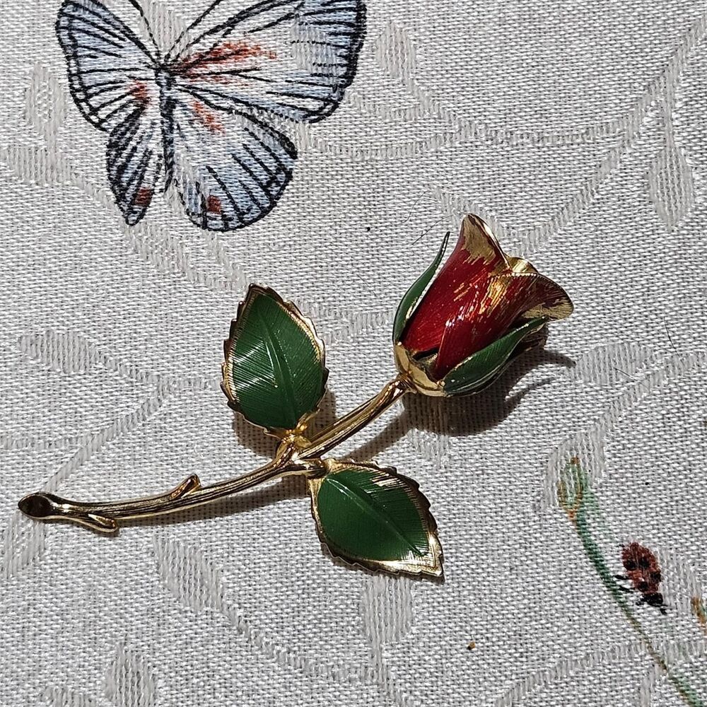 vintage cottagecore romantic hand painted red rose brooch